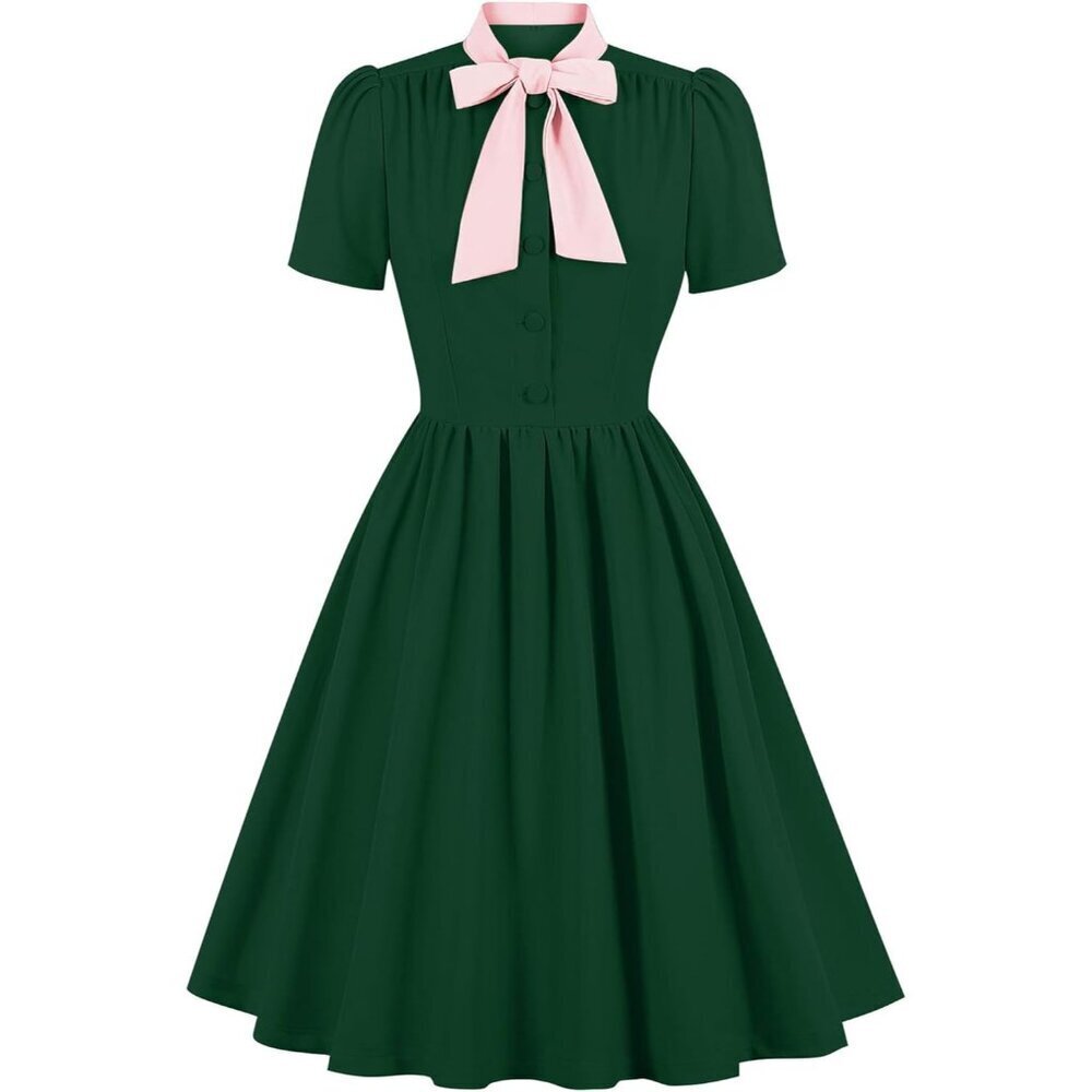 Vintage 1950s Dress Woman Short Sleeve Tie Midi Retro Cocktail Evening